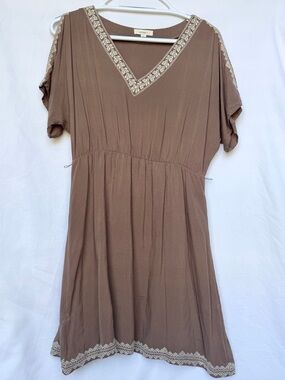 Boho V-Neck Embroidered Midi Dress - Taupe